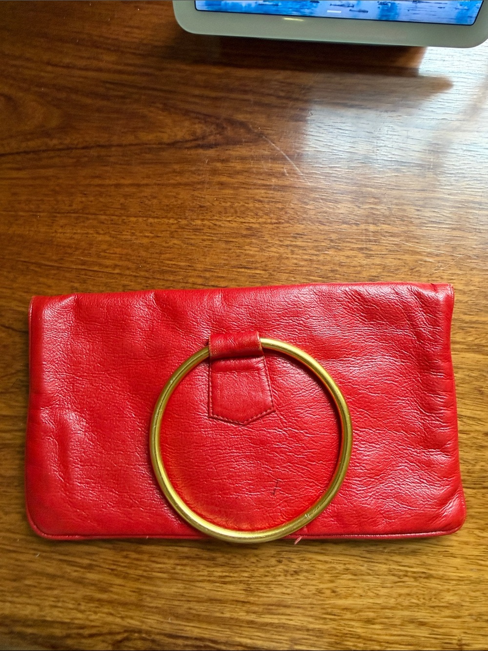 Red Leather Ring-Handle Clutch